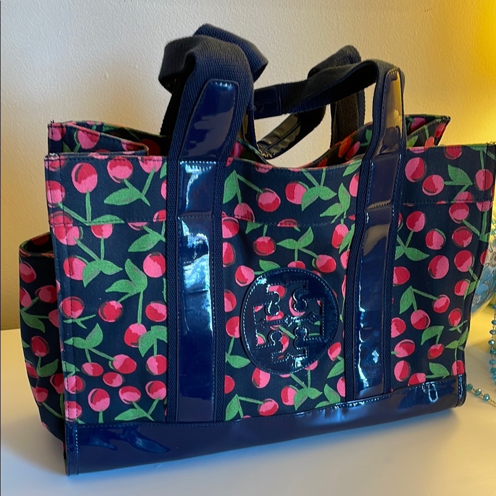 Donated ✅ Tory Burch Cherry Print Tote Bag - Navy and Red